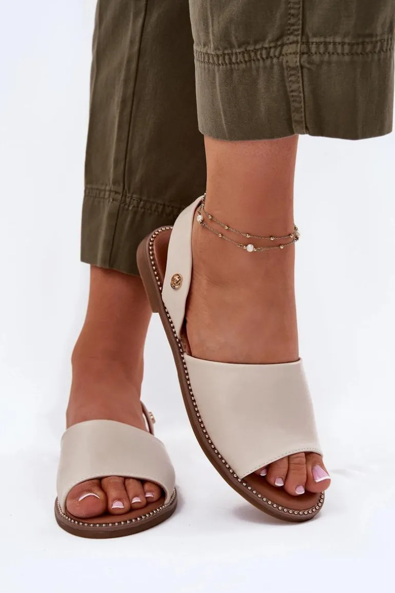 Sandały Damskie Na Płaskim Obcasie Eko Skórzane Beżowe Dereka