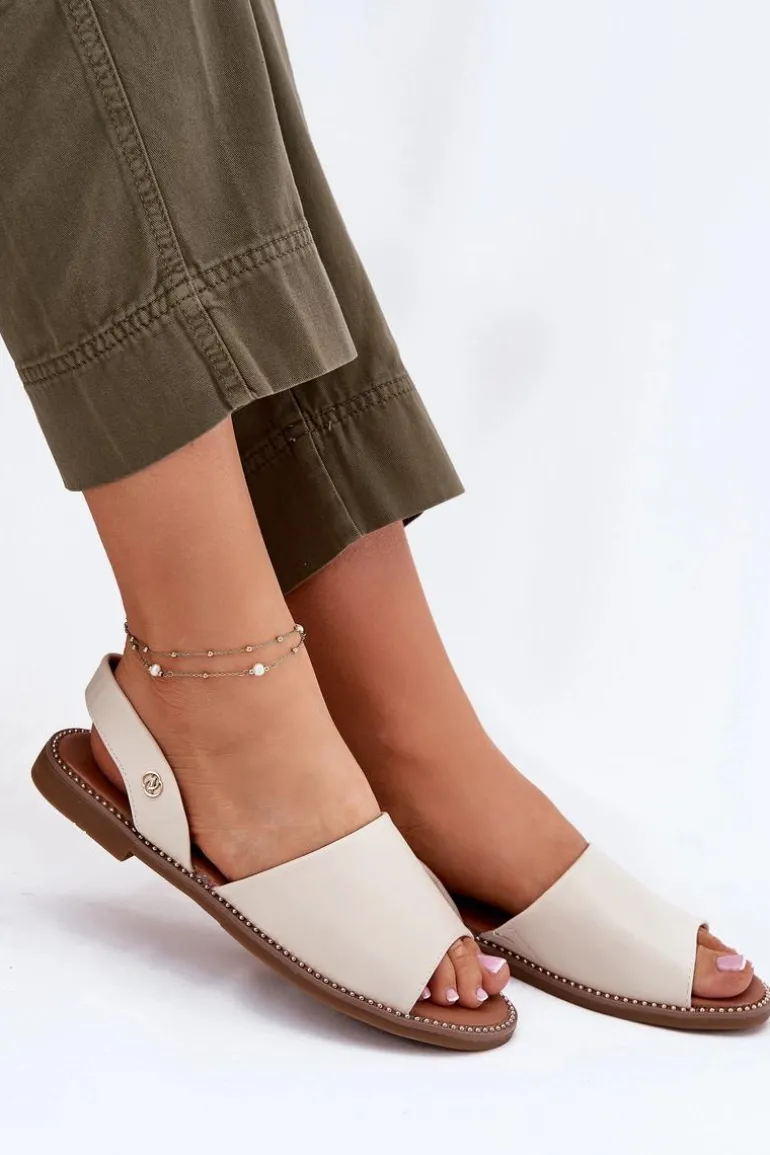 Sandały Damskie Na Płaskim Obcasie Eko Skórzane Beżowe Dereka