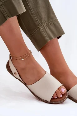 Sandały Damskie Na Płaskim Obcasie Eko Skórzane Beżowe Dereka