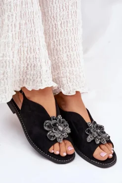 Sandały Damskie Na Płaskim Obcasie Z Ozdobą S.Barski KV27-001 Czarne