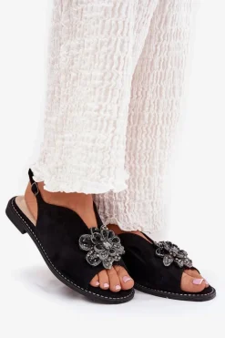 Sandały Damskie Na Płaskim Obcasie Z Ozdobą S.Barski KV27-001 Czarne