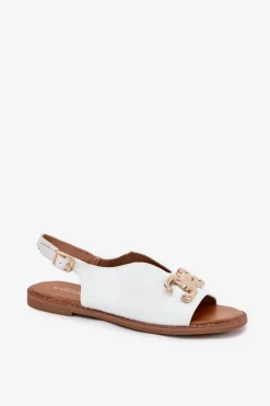 Sandały Damskie Na Płaskim Obcasie Ze Złotą Ozdobą Białe Amelira