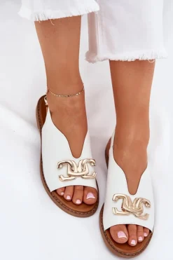 Sandały Damskie Na Płaskim Obcasie Ze Złotą Ozdobą Białe Amelira