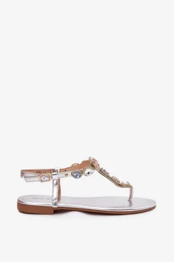 Sandały Damskie Na Płaskim Obcasie Z Kryształkami Srebrne Fiolalia