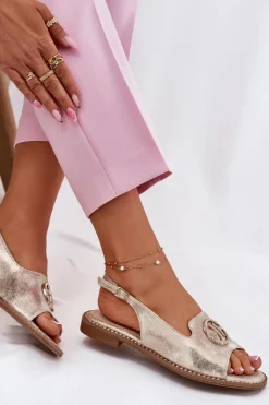 Sandały Damskie Na Płaskim Obcasie Z Ozdobą S.Barski KV51-002 Złote