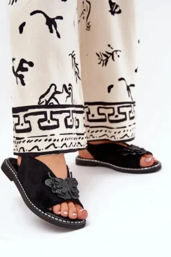 Sandały Damskie Na Płaskim Obcasie Z Ozdobą Czarne Setorina