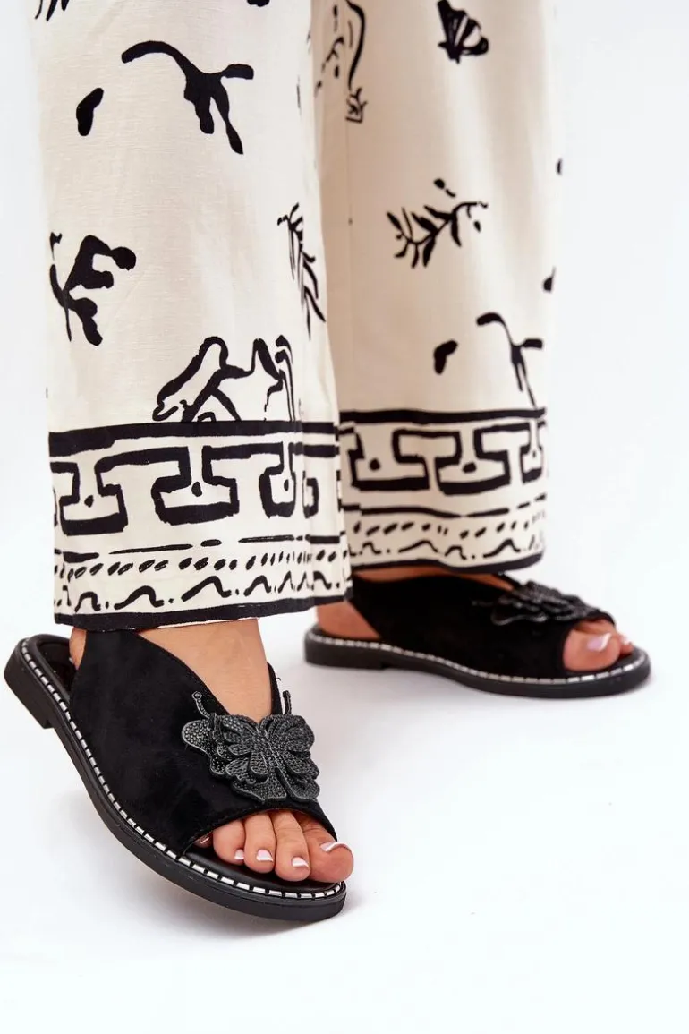 Sandały Damskie Na Płaskim Obcasie Z Ozdobą Czarne Setorina