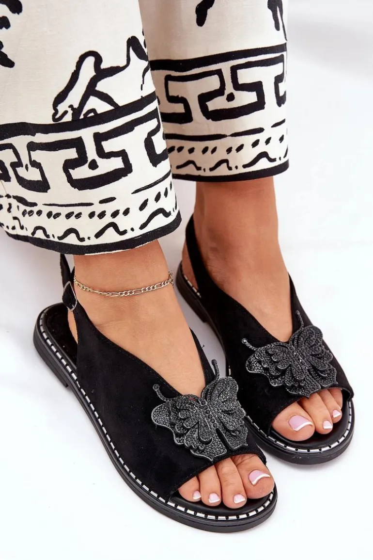 Sandały Damskie Na Płaskim Obcasie Z Ozdobą Czarne Setorina