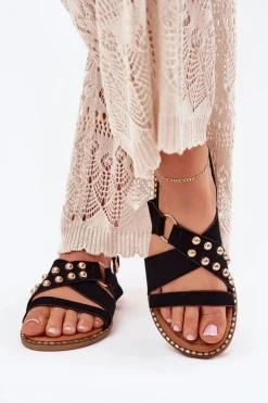 Sandały Damskie Na Płaskim Obcasie Ze Złotymi Ćwiekami Czarne Zanira