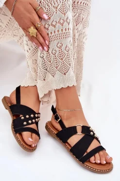 Sandały Damskie Na Płaskim Obcasie Ze Złotymi Ćwiekami Czarne Zanira