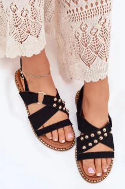 Sandały Damskie Na Płaskim Obcasie Ze Złotymi Ćwiekami Czarne Zanira