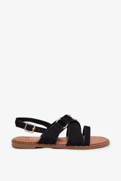 Sandały Damskie Na Płaskim Obcasie Ze Złotymi Ćwiekami Czarne Zanira