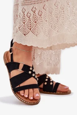 Sandały Damskie Na Płaskim Obcasie Ze Złotymi Ćwiekami Czarne Zanira