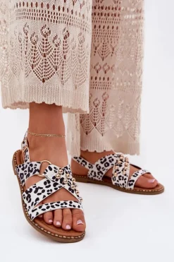 Sandały Damskie Na Płaskim Obcasie Ze Złotymi Ćwiekami Biało-Czarne Zanira