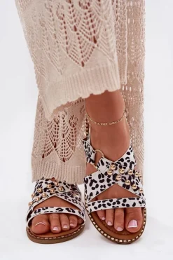 Sandały Damskie Na Płaskim Obcasie Ze Złotymi Ćwiekami Biało-Czarne Zanira