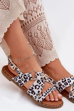 Sandały Damskie Na Płaskim Obcasie Ze Złotymi Ćwiekami Biało-Czarne Zanira