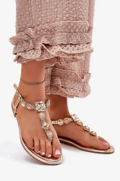 Sandały Damskie Na Płaskim Obcasie Z Kryształkami Złote Fiolalia