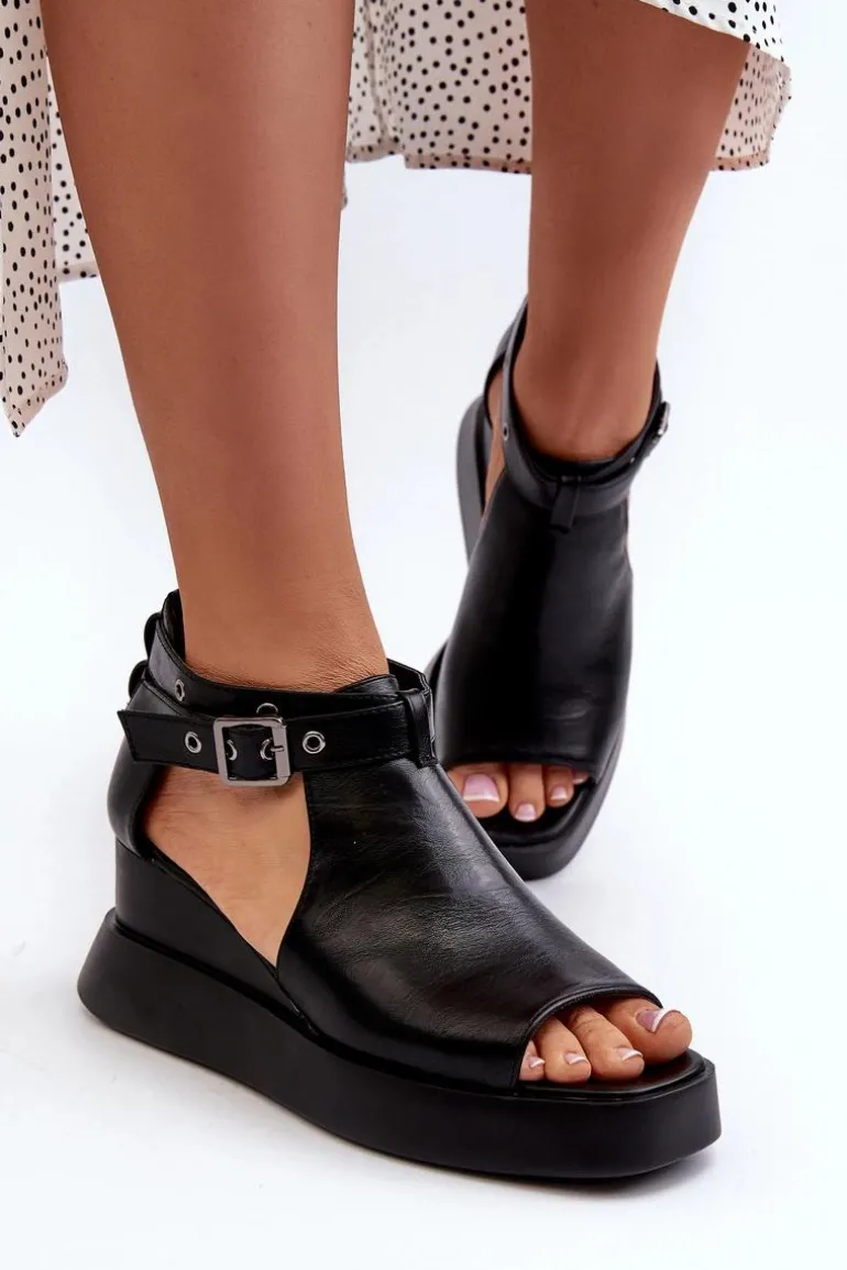 Sandały Damskie Na Platformie I Koturnie Z Eko Skóry Czarne Hloeli