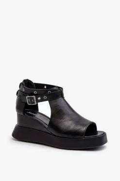 Sandały Damskie Na Platformie I Koturnie Z Eko Skóry Czarne Hloeli