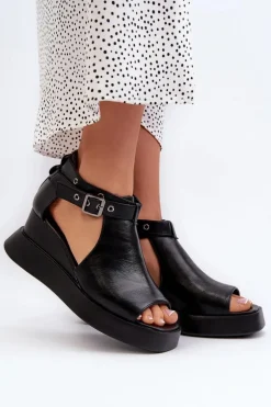 Sandały Damskie Na Platformie I Koturnie Z Eko Skóry Czarne Hloeli