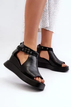 Sandały Damskie Na Platformie I Koturnie Z Eko Skóry Czarne Hloeli
