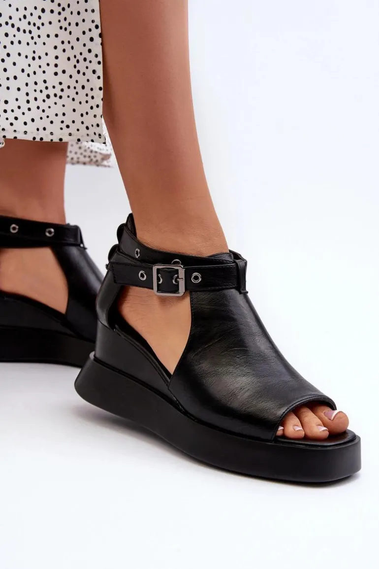 Sandały Damskie Na Platformie I Koturnie Z Eko Skóry Czarne Hloeli
