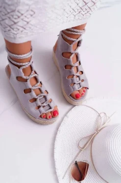 Sandały Damskie Na Platformie Z Espadrylem Sznurowane Szare Grand