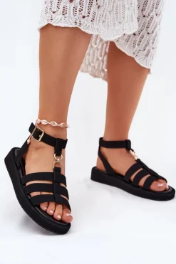 Sandały Damskie Na Platformie Ze Złotym Detalem Czarne Kartia