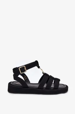 Sandały Damskie Na Platformie Ze Złotym Detalem Czarne Kartia