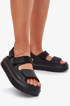 Sandały Damskie Na Platformie Z Rzepami Czarne Nitepira