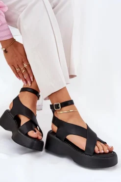 Sandały Damskie Na Platformie I Koturnie Eko Skórzane Czarne Tenzorus