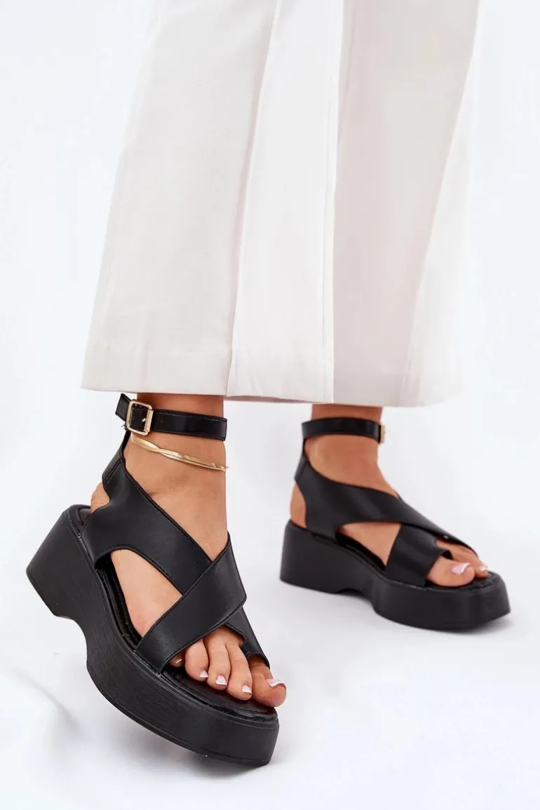 Sandały Damskie Na Platformie I Koturnie Eko Skórzane Czarne Tenzorus