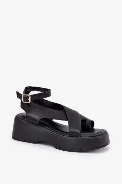 Sandały Damskie Na Platformie I Koturnie Eko Skórzane Czarne Tenzorus