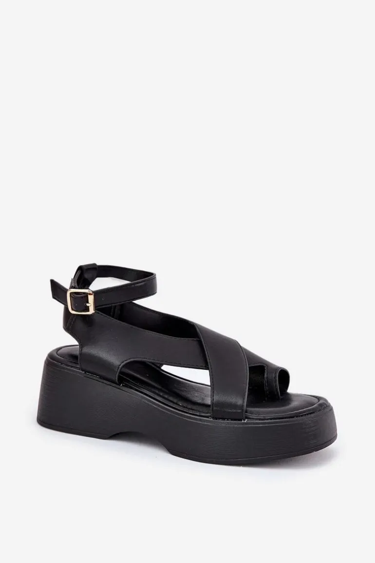 Sandały Damskie Na Platformie I Koturnie Eko Skórzane Czarne Tenzorus