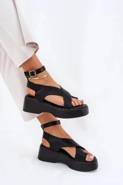 Sandały Damskie Na Platformie I Koturnie Eko Skórzane Czarne Tenzorus