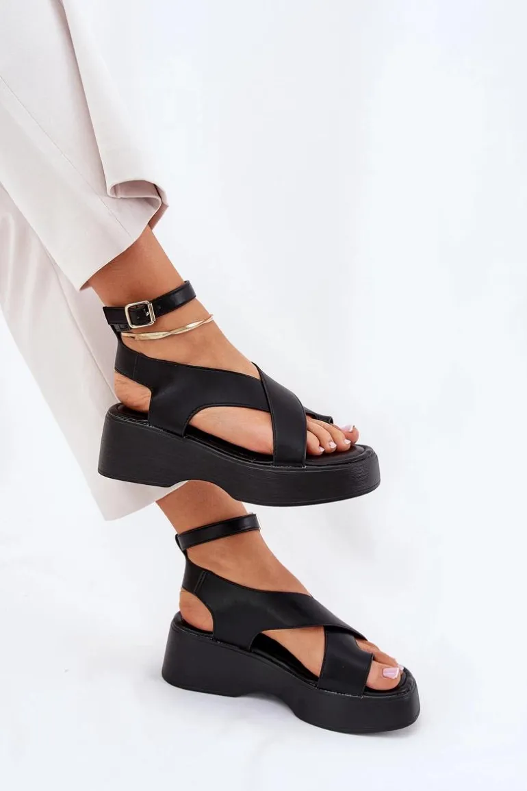 Sandały Damskie Na Platformie I Koturnie Eko Skórzane Czarne Tenzorus