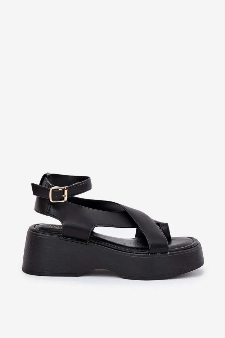 Sandały Damskie Na Platformie I Koturnie Eko Skórzane Czarne Tenzorus