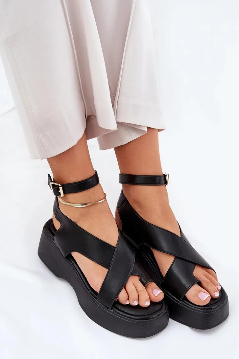 Sandały Damskie Na Platformie I Koturnie Eko Skórzane Czarne Tenzorus