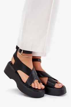 Sandały Damskie Na Platformie I Koturnie Eko Skórzane Czarne Tenzorus