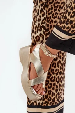 Sandały Damskie Na Platformie I Koturnie Eko Skórzane Złote Tenzorus