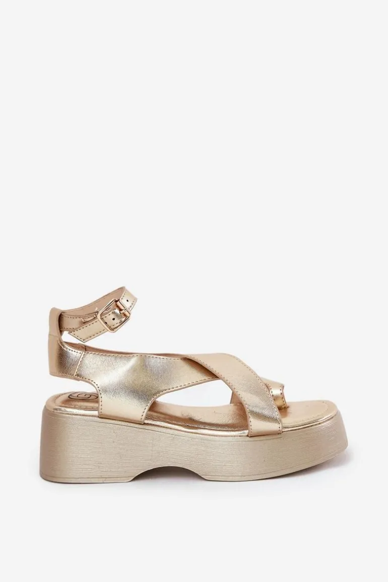 Sandały Damskie Na Platformie I Koturnie Eko Skórzane Złote Tenzorus