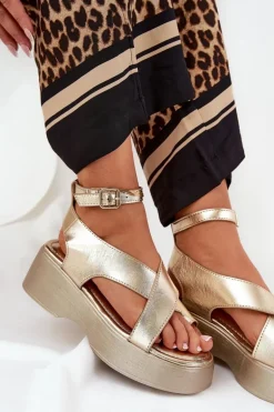 Sandały Damskie Na Platformie I Koturnie Eko Skórzane Złote Tenzorus