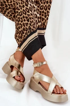 Sandały Damskie Na Platformie I Koturnie Eko Skórzane Złote Tenzorus