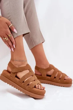 Sandały Damskie Na Platformie Eko Zamszowe Camel Filisenia