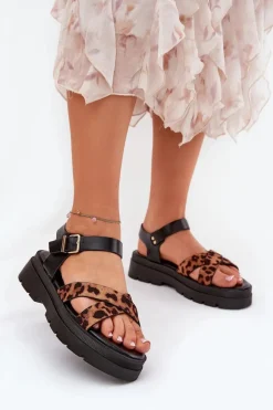 Sandały Damskie Na Platformie W Panterkę Brązowe Gevinniser