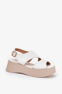 Sandały Damskie Na Platformie Eko Skórzane Białe Karonia