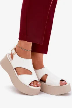 Sandały Damskie Na Platformie Eko Skórzane Białe Karonia