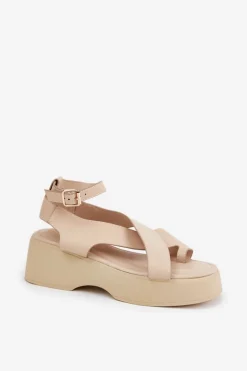 Sandały Damskie Na Platformie I Koturnie Eko Skórzane Beżowe Tenzorus