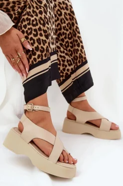 Sandały Damskie Na Platformie I Koturnie Eko Skórzane Beżowe Tenzorus