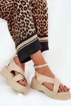 Sandały Damskie Na Platformie I Koturnie Eko Skórzane Beżowe Tenzorus